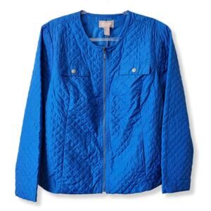 Chicos Women Cropped Quilted Blue Jacket L 2 Ladylike Coastal Casual Career NEW